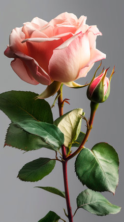 Pink rose on a gray background. Close-up. Studio photography.の写真素材