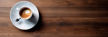 Cup of coffee on wooden table. Top view, copy spaceの写真素材