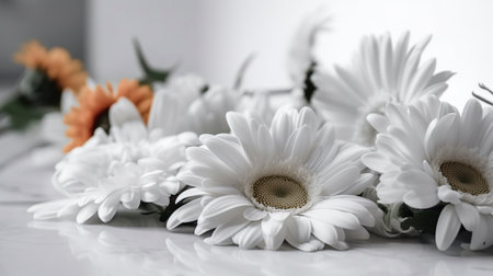 Beautiful daisies on white table, closeup. Space for textの写真素材