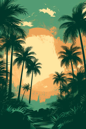 Tropical beach with palm trees and sunset, vector illustration.の写真素材