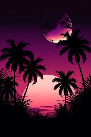Tropical sunset background with palm trees and full moon, vector illustrationの写真素材