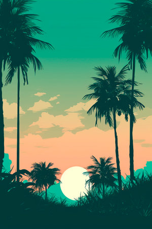 Tropical background with palm trees and sunset. Vector illustration.の写真素材
