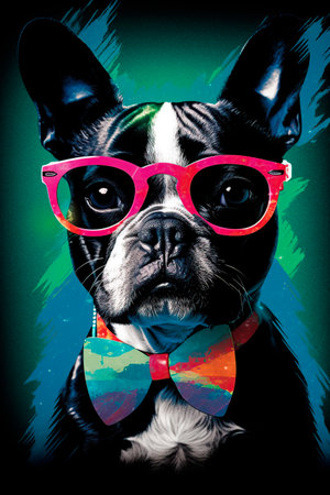 Portrait of a French bulldog wearing a bow tie and glassesの写真素材