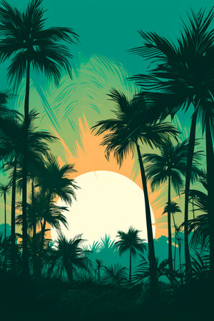 Tropical beach with palm trees at sunset. Vector illustration.の写真素材