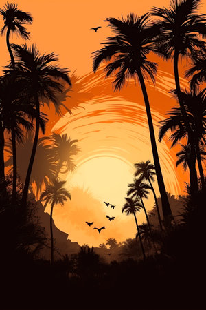 Silhouette of palm trees and flying birds on orange sunset backgroundの写真素材