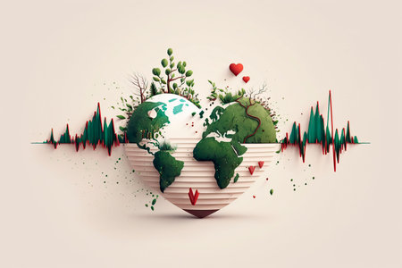 World Environment Day concept with earth planet and red heart shape. Vector illustration.の写真素材