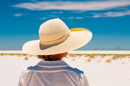 Woman in white hat looking at the horizon on a sunny day.の写真素材