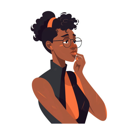Young black woman in glasses thinking. Vector flat cartoon illustration isolated on white backgroundの写真素材