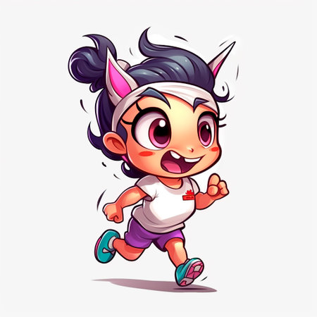 Cute little girl running in cartoon style. Vector illustration isolated on white background.の写真素材