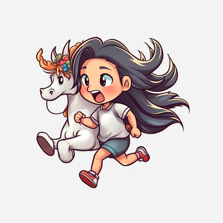 Cute little girl running with unicorn isolated on white background. Vector illustration.の写真素材