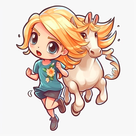 Cute little girl running with a white pony. Vector illustration.の写真素材