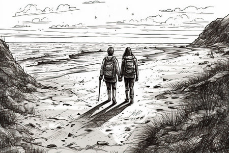 Hikers on the beach. Black and white hand drawn illustration.の写真素材