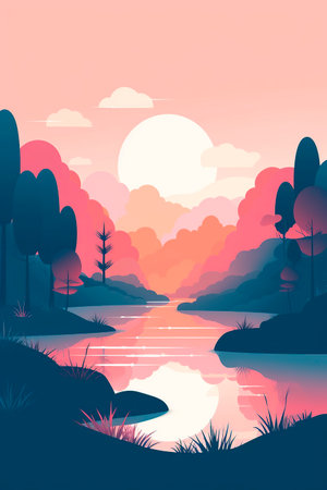 Landscape with lake, forest and mountains at sunset. Vector illustration.の写真素材
