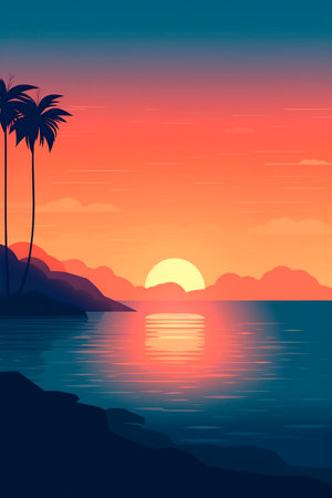 Beautiful sunset over the sea with palm trees. Vector illustration.の写真素材