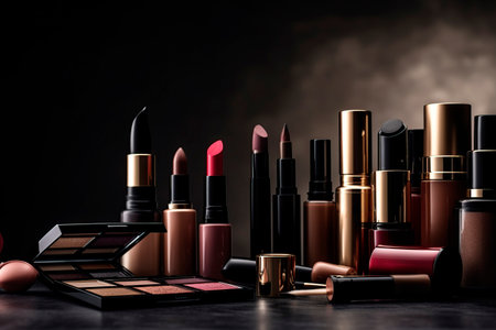 collection of make up and cosmetic beauty products arranged on dark background with copy spaceの写真素材