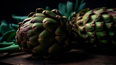 Fresh artichokes on a rustic wooden table. Dark background.の写真素材