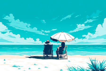 Beach with chair and umbrella. Vector illustration in retro style.の写真素材