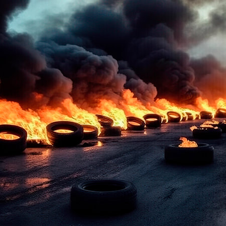 Tires burning in the fire, concept of disaster and disaster.の写真素材