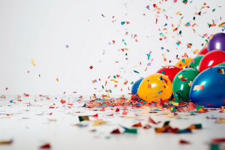 Colorful balloons and confetti on a white background with copy spaceの写真素材