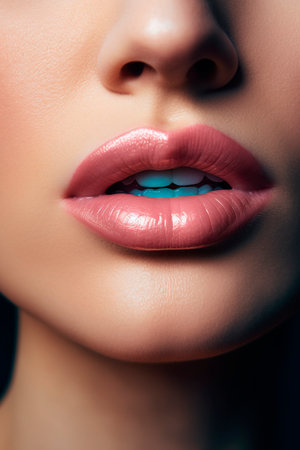 Closeup portrait of beautiful woman with bright red lips. Beauty, fashion.の写真素材