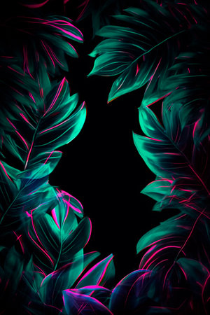 Tropical leaves on black background. Exotic jungle design.の写真素材
