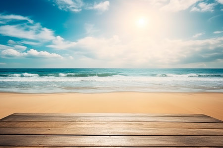Empty wooden deck table with sea and sky background. for product displayの写真素材