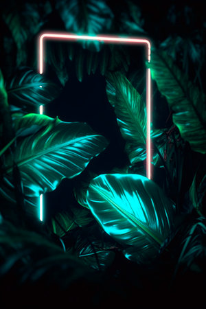 Neon frame on dark background with tropical leaves. 3d renderingの写真素材