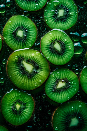 Kiwi fruit with water drops on dark background. Close up.の写真素材