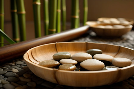 Spa setting with bamboo and stones in wooden bowl. close upの写真素材