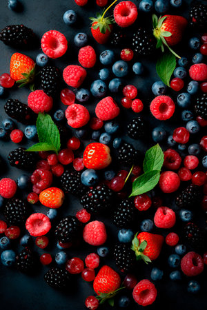 Mix of fresh berries on a black background. Top view, flat layの写真素材