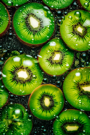 Kiwi fruit with water drops on black background, close upの写真素材