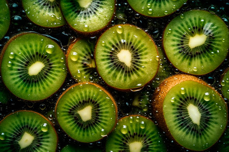 Kiwi fruit slices with water drops close up. top view.の写真素材
