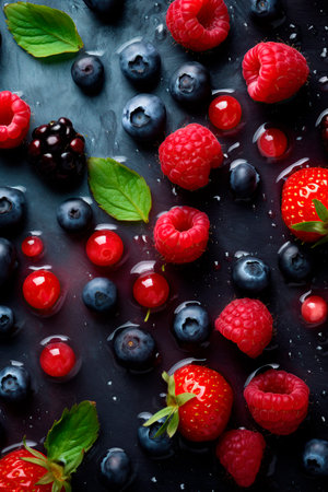 Fresh summer berries on a black background. Raspberries, blackberries, blueberries and strawberriesの写真素材