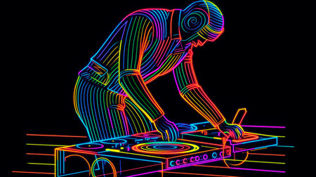 Dj playing music on the turntable neon color vector graphicの写真素材
