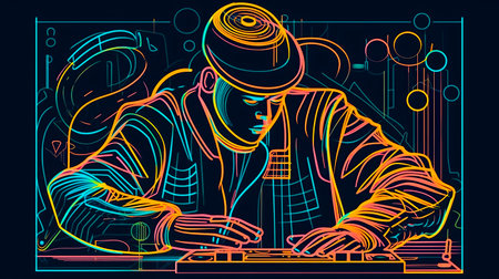 Vector illustration of a disc jockey playing on a turntableの写真素材