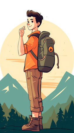 Hiking man with a backpack in the mountains. Vector illustration.の写真素材