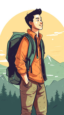 Vector illustration of a young man with a backpack in the mountains.の写真素材