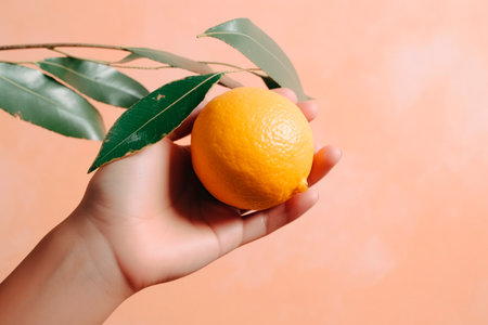 Female hand holding a fresh orange with green leaves on orange background.