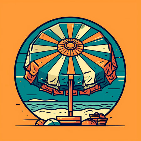 Beach umbrella in the sea. Vector illustration in vintage style.