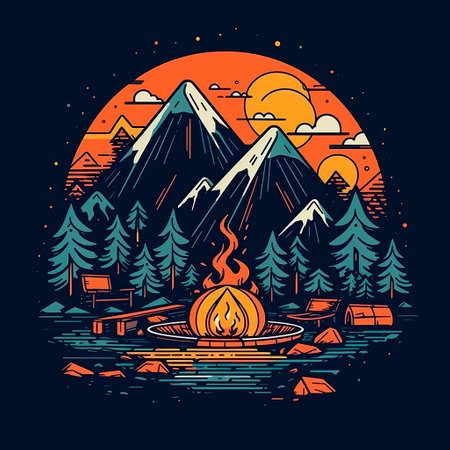 Camping with a bonfire in the mountains. Vector illustration.の写真素材