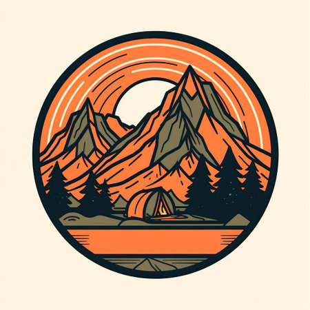 Vintage camping badge in retro style with mountains and campfire, vector illustrationの写真素材