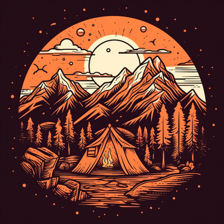 Camping in the mountains. Vector hand drawn illustration in vintage style.の写真素材