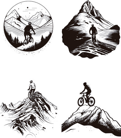 Mountain bikers in the mountains. Vector illustration ready for vinyl cutting.のイラスト素材