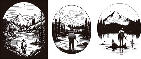 Mountains, lake, forest and fisherman. Vector illustration in retro styleのイラスト素材