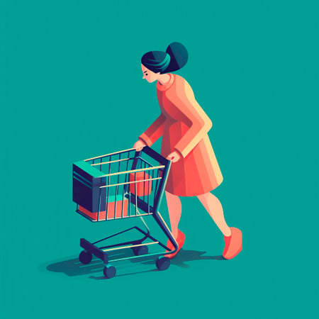 Woman with shopping cart. Vector illustration in flat style. Isolated on green background.の写真素材