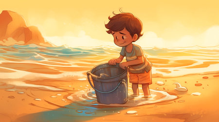 Boy playing on the beach with a bucket of water, illustration.の写真素材
