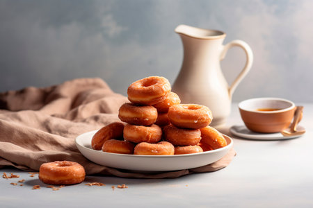 Donuts on a plate with cup of coffee on a light backgroundの写真素材