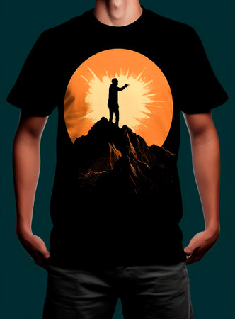 Man standing on top of a mountain and looking at the sun.の写真素材