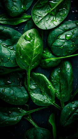 fresh green leaves of spinach with drops of water on a dark backgroundの写真素材