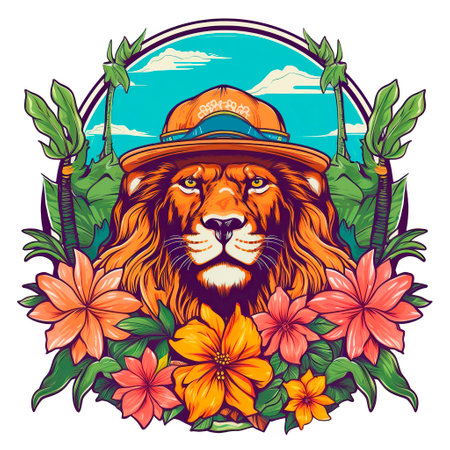 Lion in hat with flowers and palm leaves. Vector illustration.の写真素材